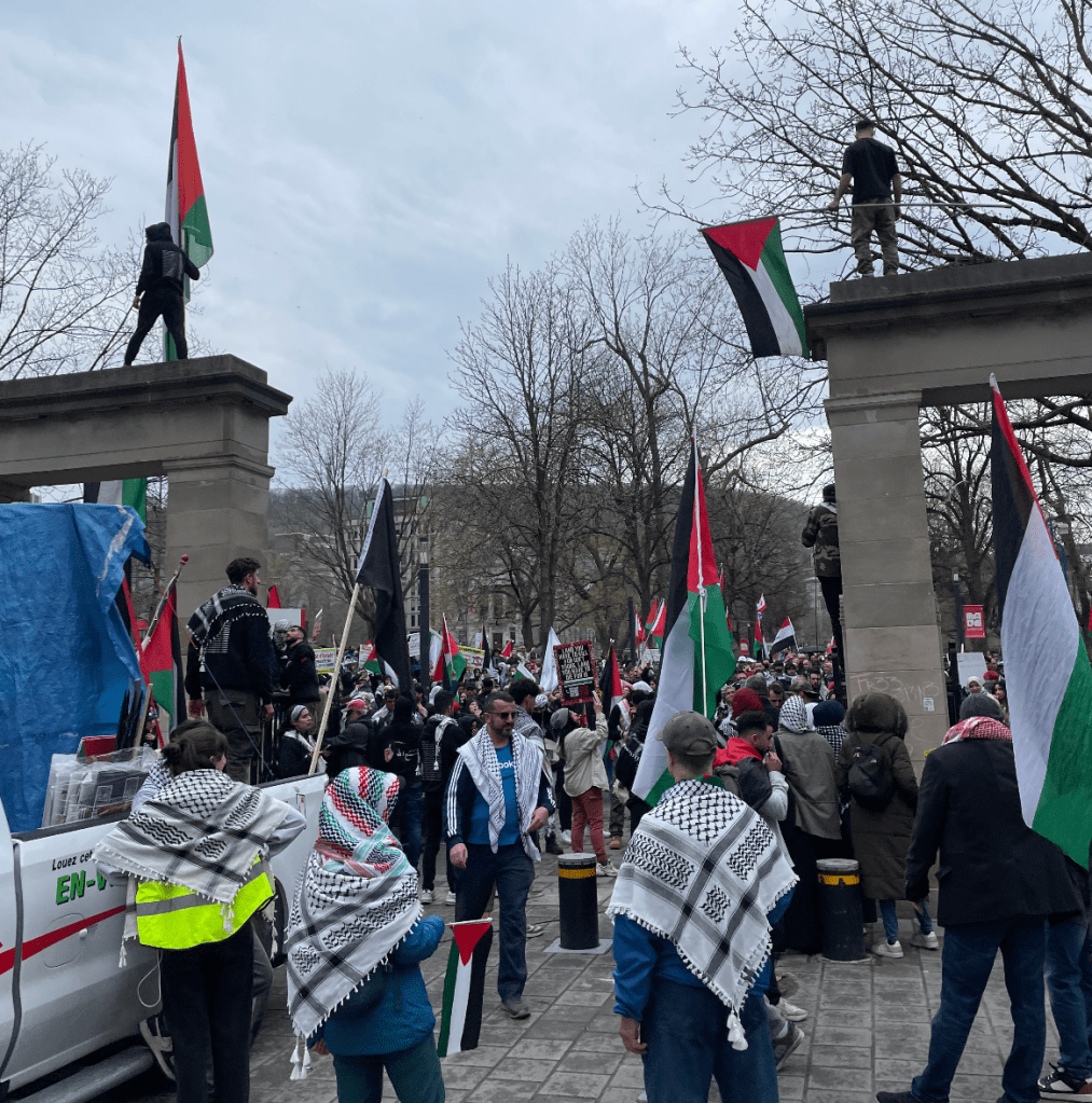 Photo of crowd at pro Palestine protest at McGill University. 